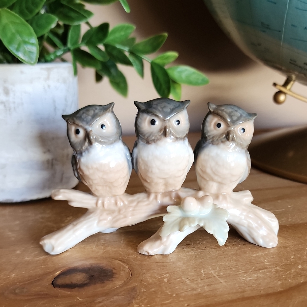 Vintage Otagiri Three Wise Owls On Branch Figure